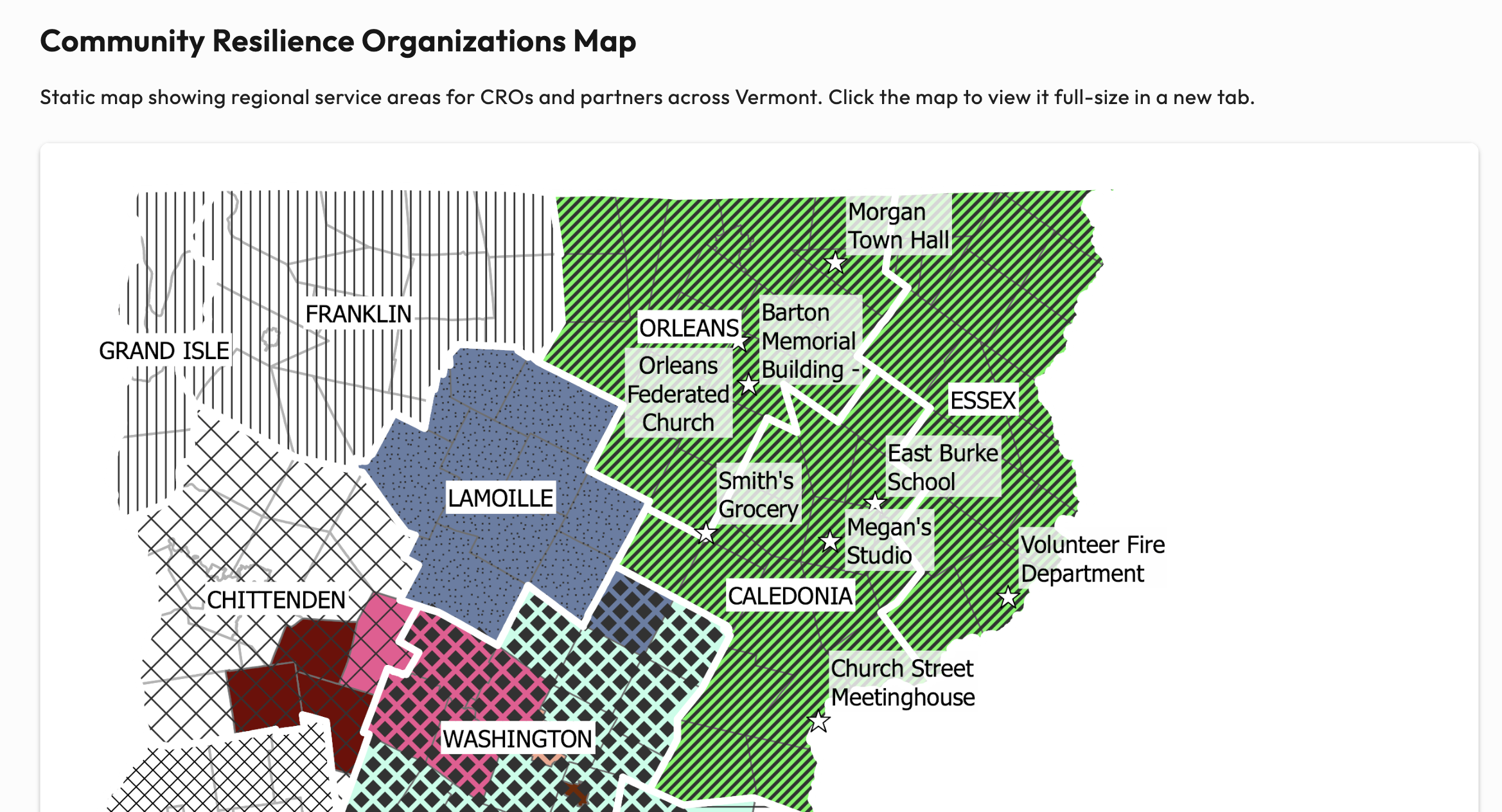 Community Resilience Map showing CRO service areas across Vermont counties