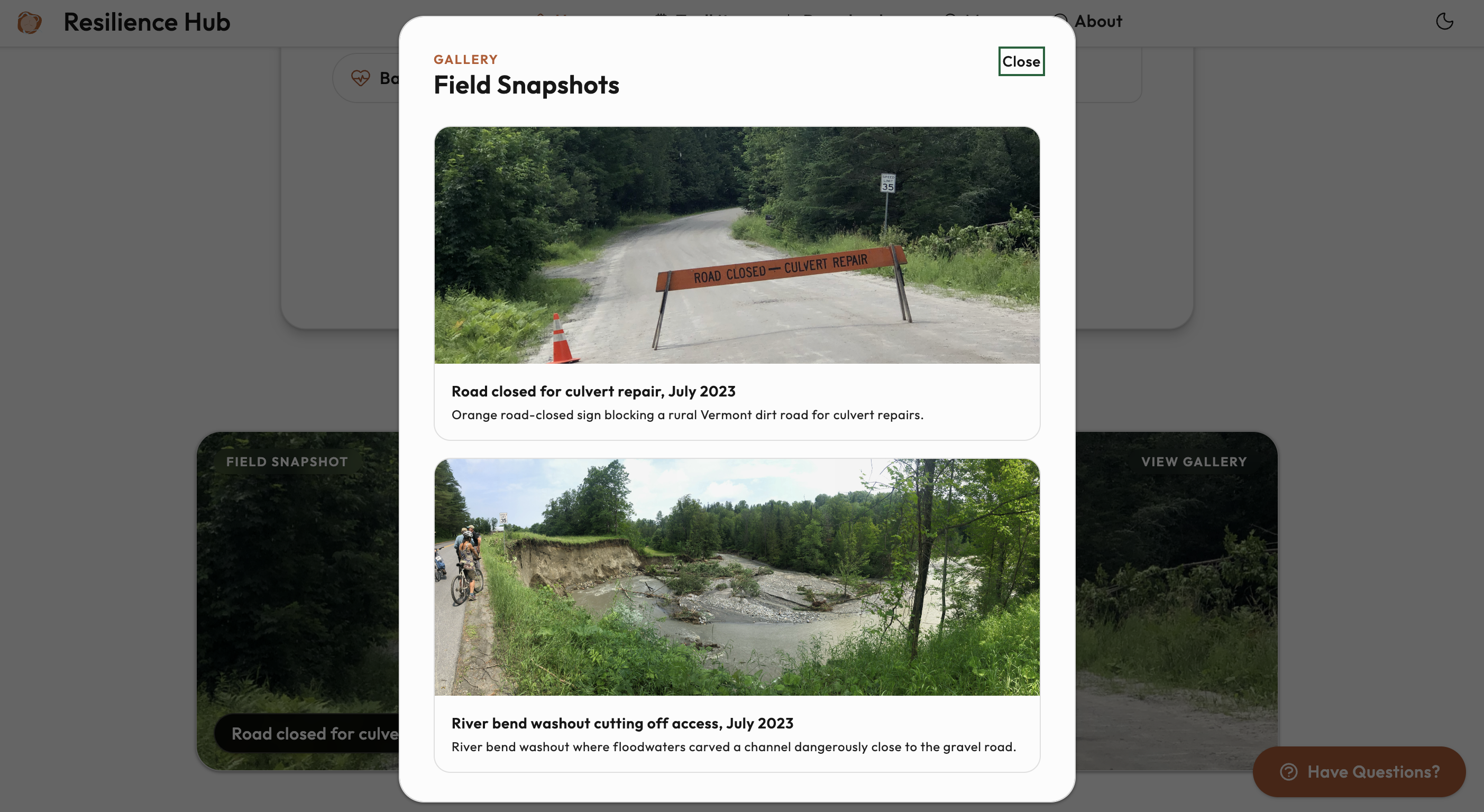 Field Snapshots gallery modal showing flood response photos with captions