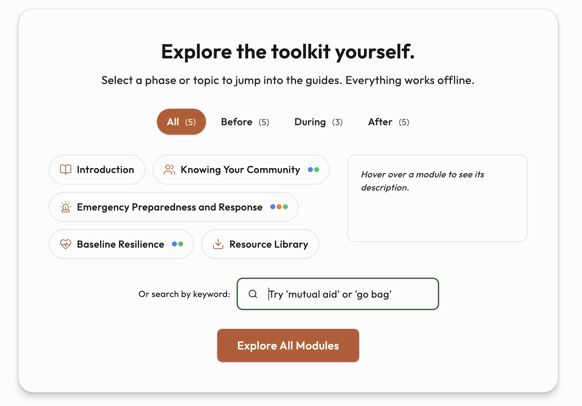 Interactive module explorer with phase filter pills and keyword search field