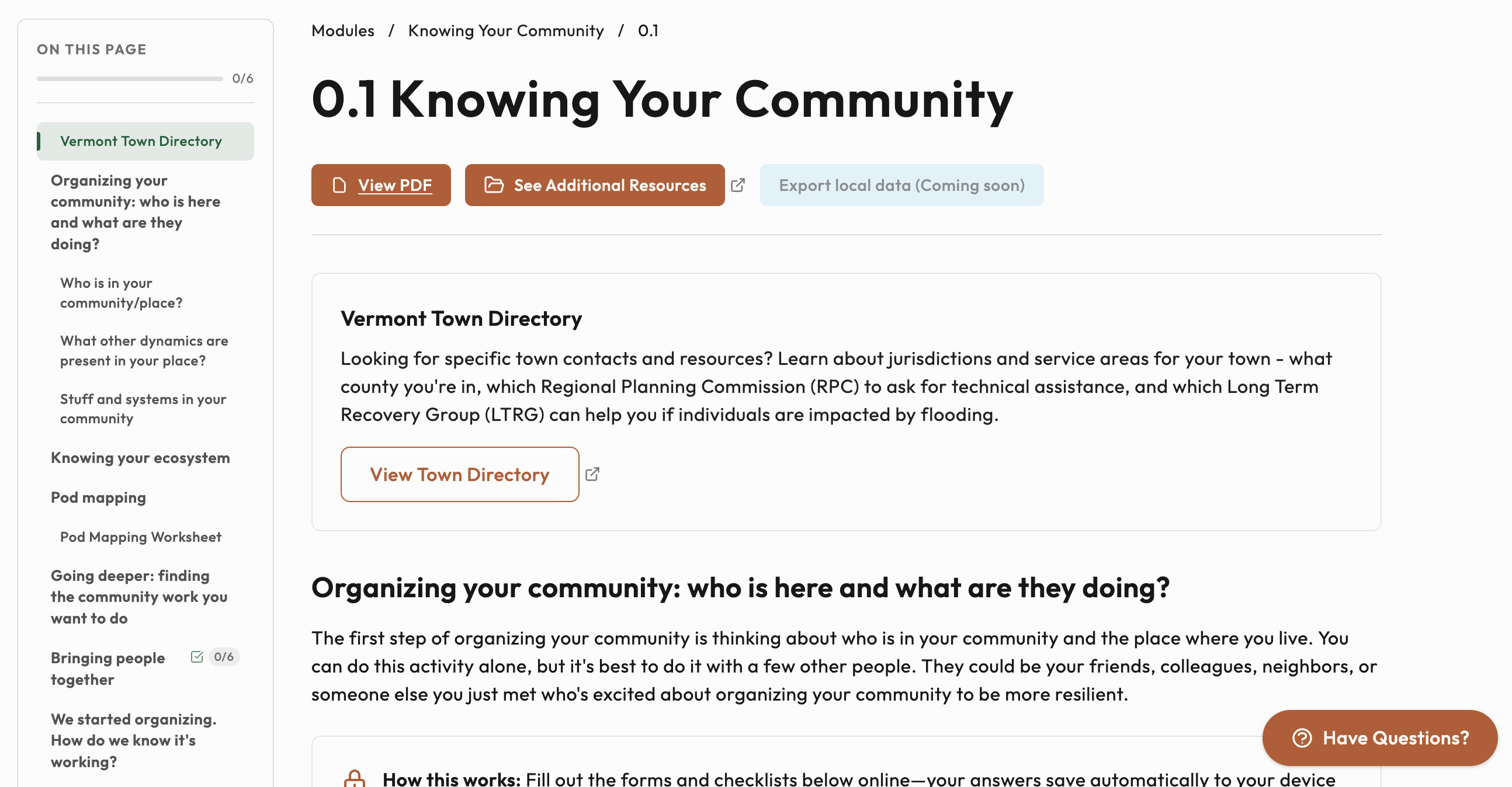 Table of Contents sidebar showing section navigation with progress indicators